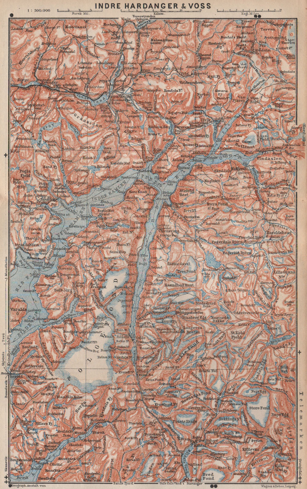 INNER HARDANGERFJORD topo-map. Folgefonna. Norway kart. BAEDEKER 1899 old